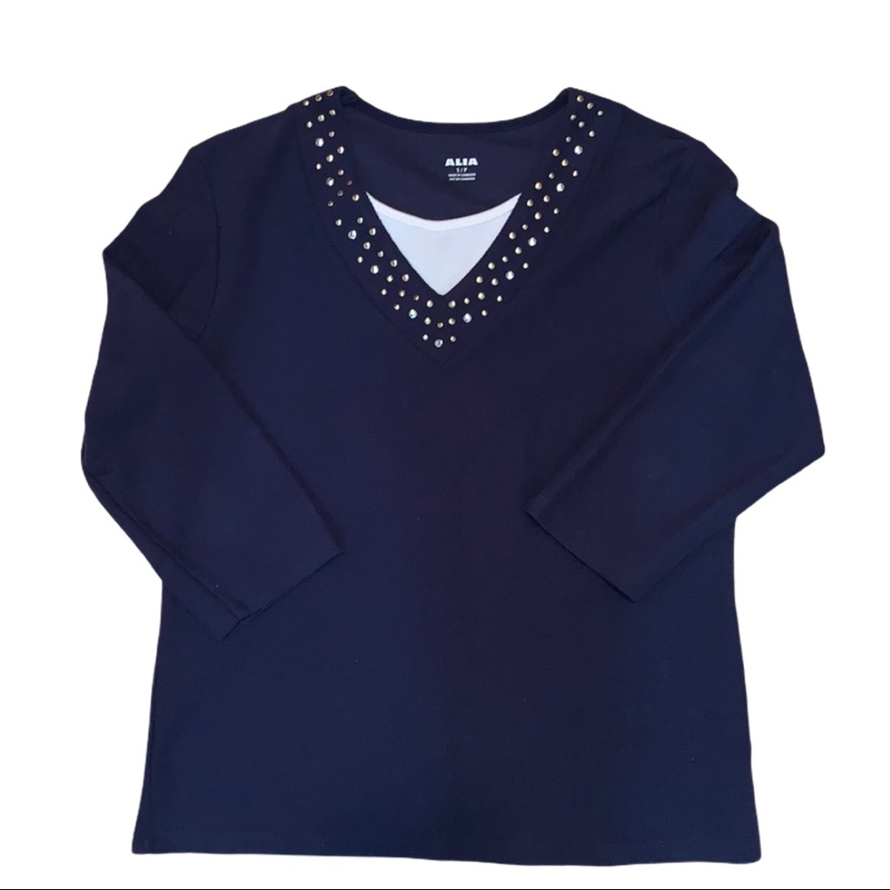 5/$25 ALIA Nautical Preppy Gem Embellished Stud V-Neck LS Camisole Tee Shirt Top